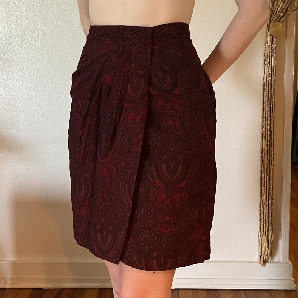Vintage 90s Bonnie & Norma Burgundy Paisley Wrap Pencil Skirt Size 4